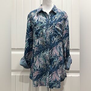 Intro Palm Print Lyocell Long Roll-Tab Sleeve Shirt Size M